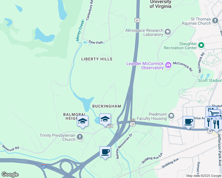 map of restaurants, bars, coffee shops, grocery stores, and more near 135 Buckingham Circle in Charlottesville