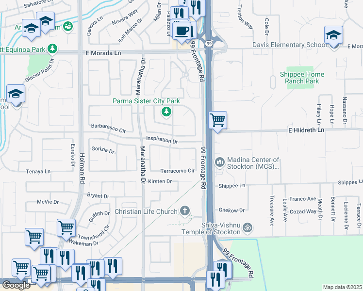 map of restaurants, bars, coffee shops, grocery stores, and more near 8910 Terracorvo Circle in Stockton