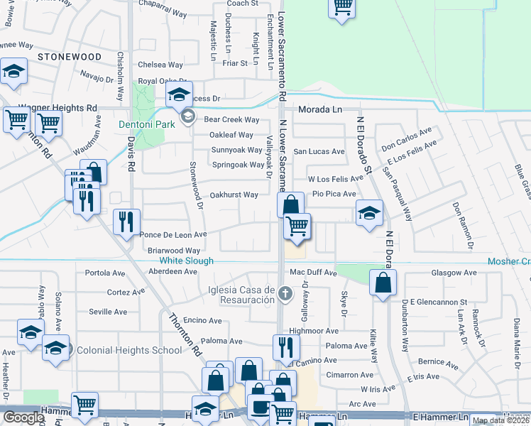 map of restaurants, bars, coffee shops, grocery stores, and more near 8715 Eastwood Court in Stockton