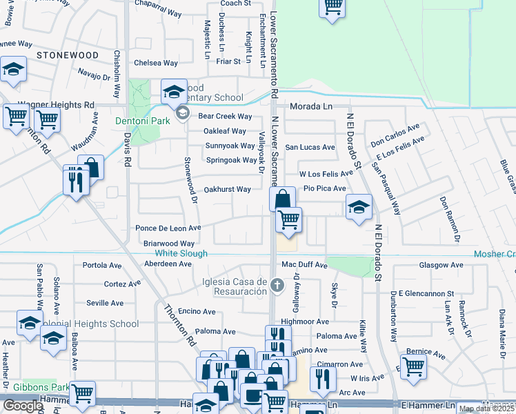 map of restaurants, bars, coffee shops, grocery stores, and more near 8715 Eastwood Court in Stockton