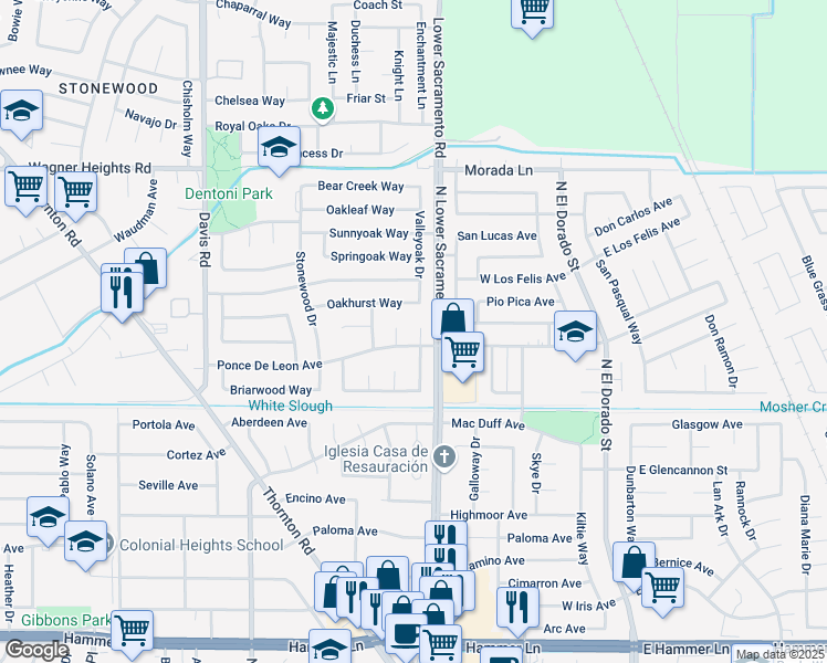 map of restaurants, bars, coffee shops, grocery stores, and more near 8715 Eastwood Court in Stockton