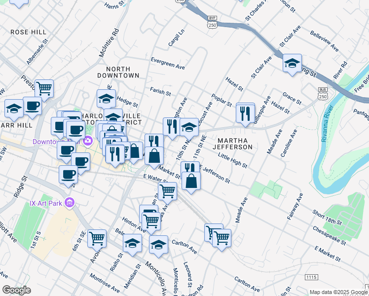 map of restaurants, bars, coffee shops, grocery stores, and more near 325 10th St NE in Charlottesville