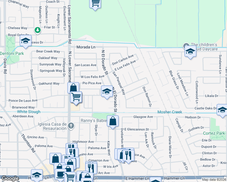 map of restaurants, bars, coffee shops, grocery stores, and more near 8817 North El Dorado Street in Stockton
