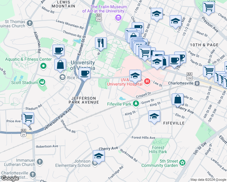 map of restaurants, bars, coffee shops, grocery stores, and more near 436 Brandon Avenue in Charlottesville