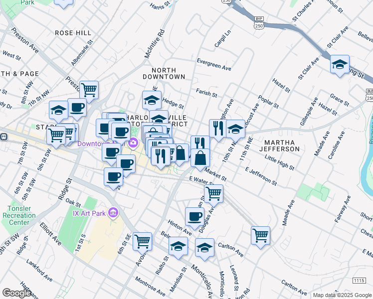map of restaurants, bars, coffee shops, grocery stores, and more near 801 East Jefferson Street in Charlottesville