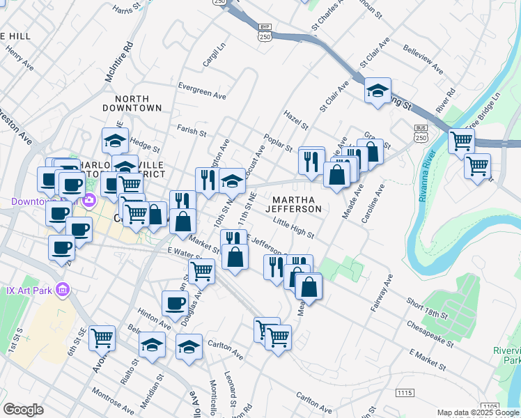 map of restaurants, bars, coffee shops, grocery stores, and more near 1111-13 Little High Street in Charlottesville