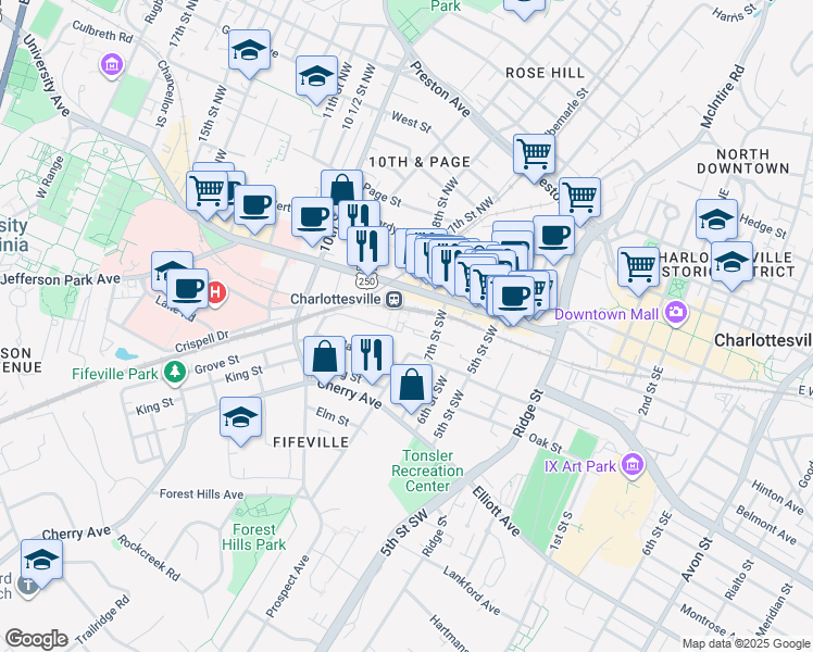 map of restaurants, bars, coffee shops, grocery stores, and more near 765 Walker Square in Charlottesville