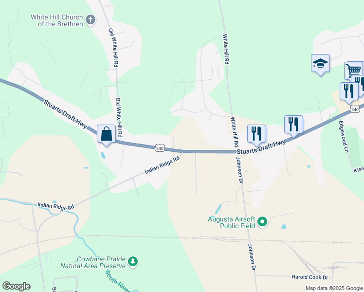map of restaurants, bars, coffee shops, grocery stores, and more near 2224 Stuarts Draft Highway in Stuarts Draft