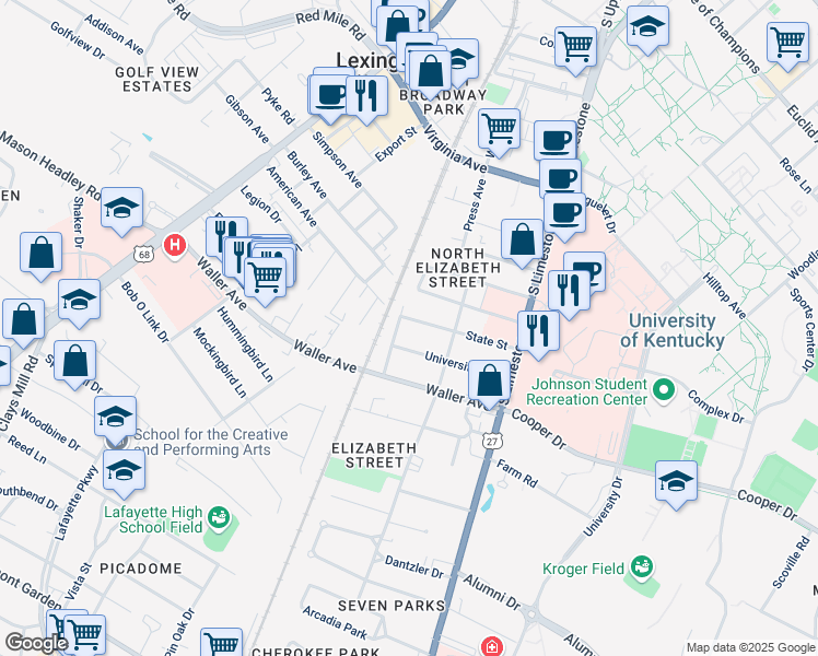 map of restaurants, bars, coffee shops, grocery stores, and more near 223 State Street in Lexington