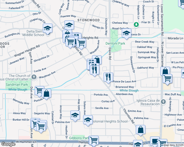 map of restaurants, bars, coffee shops, grocery stores, and more near 8909 Thornton Road in Stockton