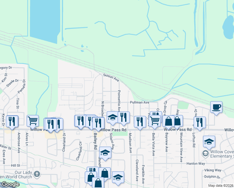 map of restaurants, bars, coffee shops, grocery stores, and more near 159 Poinsettia Avenue in Bay Point
