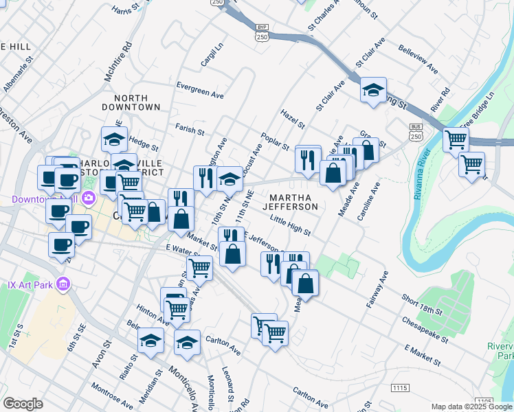 map of restaurants, bars, coffee shops, grocery stores, and more near 1107 Little High Street in Charlottesville