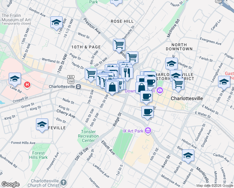 map of restaurants, bars, coffee shops, grocery stores, and more near W Main St & 4th St SW in Charlottesville