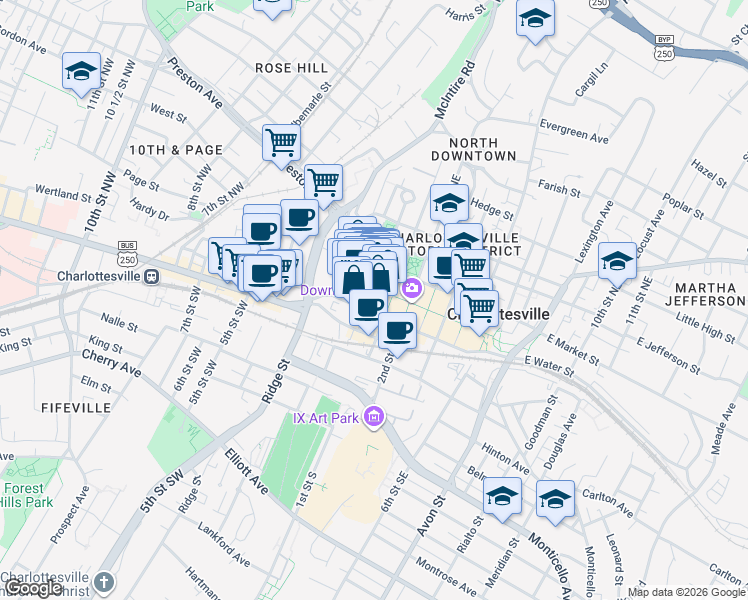 map of restaurants, bars, coffee shops, grocery stores, and more near 108 2nd Street Southwest in Charlottesville