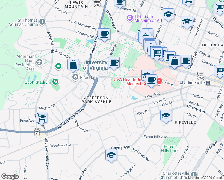 map of restaurants, bars, coffee shops, grocery stores, and more near 405 Valley Road in Charlottesville