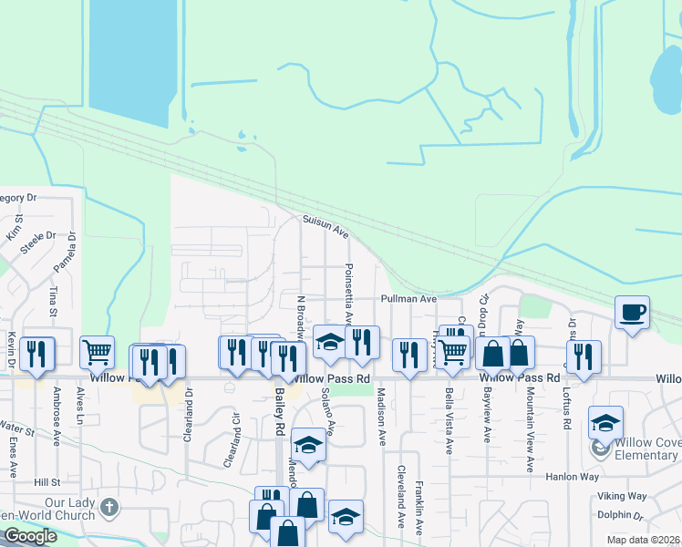 map of restaurants, bars, coffee shops, grocery stores, and more near 159 Poinsettia Avenue in Bay Point