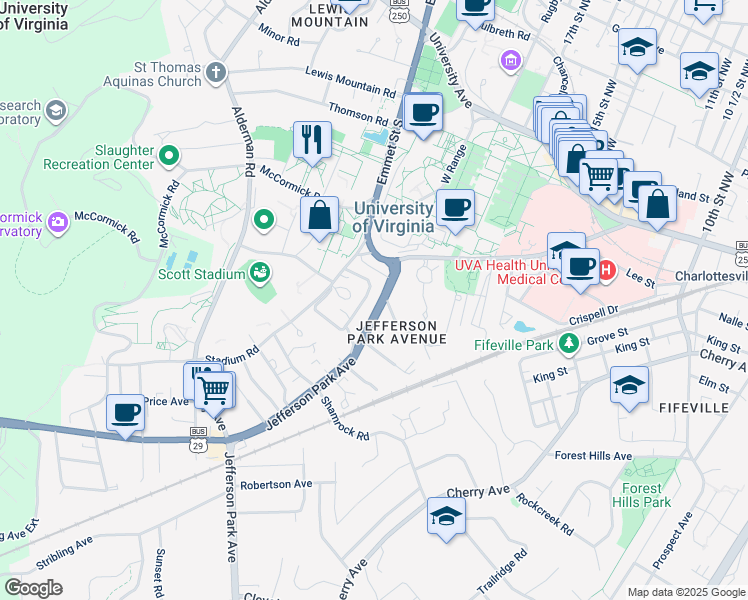 map of restaurants, bars, coffee shops, grocery stores, and more near 1709 Jefferson Park Avenue in Charlottesville