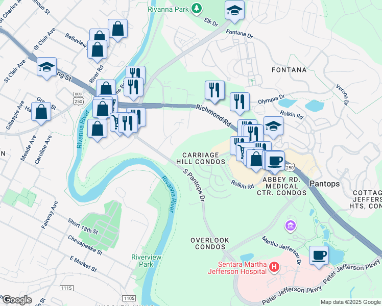 map of restaurants, bars, coffee shops, grocery stores, and more near 1075 Weybridge Court in Charlottesville