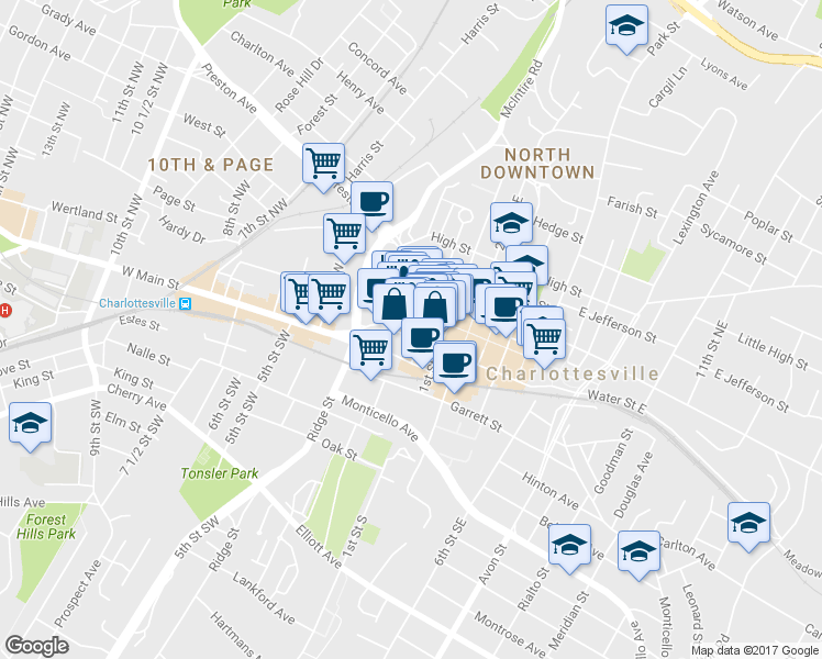 map of restaurants, bars, coffee shops, grocery stores, and more near 215 Water St W in Charlottesville