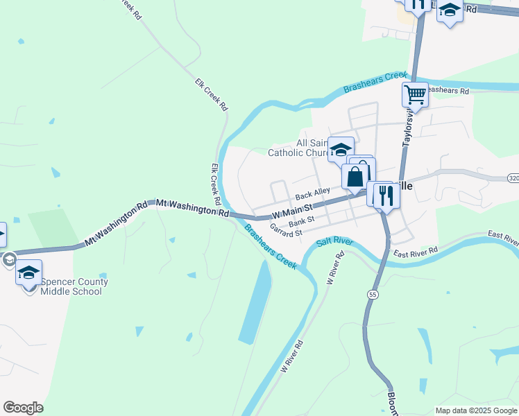 map of restaurants, bars, coffee shops, grocery stores, and more near 260 Back Alley in Taylorsville