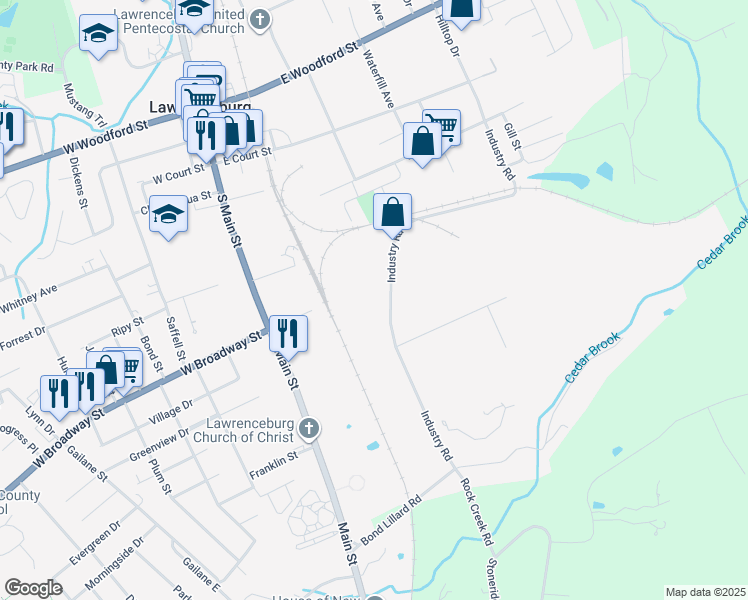map of restaurants, bars, coffee shops, grocery stores, and more near 1051 Industrial Park Road in Lawrenceburg