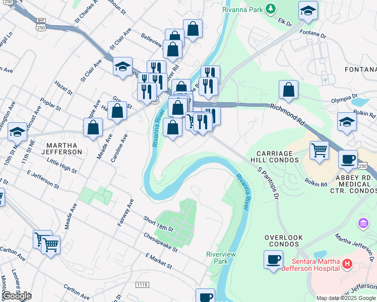 map of restaurants, bars, coffee shops, grocery stores, and more near 260 Riverbend Drive in Charlottesville