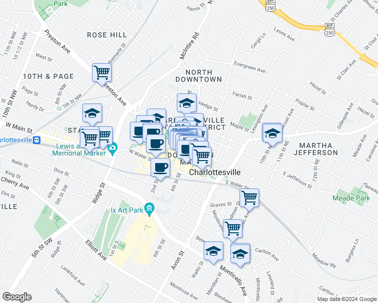 map of restaurants, bars, coffee shops, grocery stores, and more near 408 East Market Street in Charlottesville