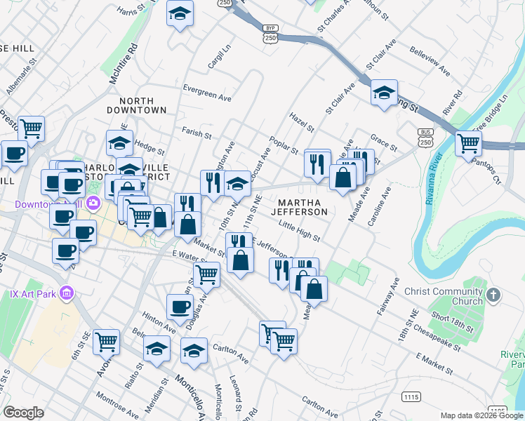 map of restaurants, bars, coffee shops, grocery stores, and more near 1013 Little High Street in Charlottesville