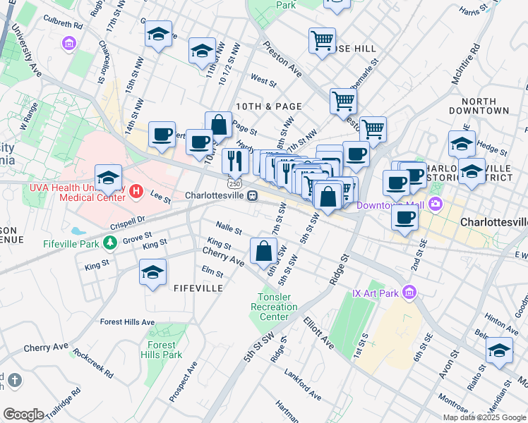 map of restaurants, bars, coffee shops, grocery stores, and more near in Charlottesville