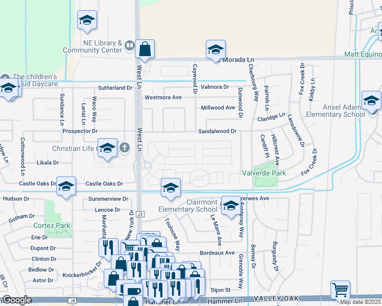 map of restaurants, bars, coffee shops, grocery stores, and more near Embassy Street in Stockton