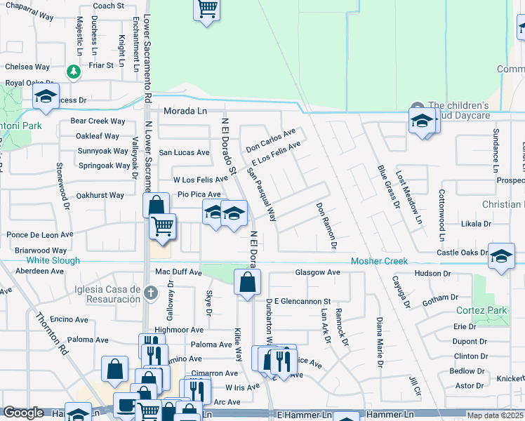 map of restaurants, bars, coffee shops, grocery stores, and more near 8735 San Pasqual Way in Stockton