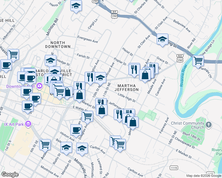 map of restaurants, bars, coffee shops, grocery stores, and more near 1013 Little High Street in Charlottesville