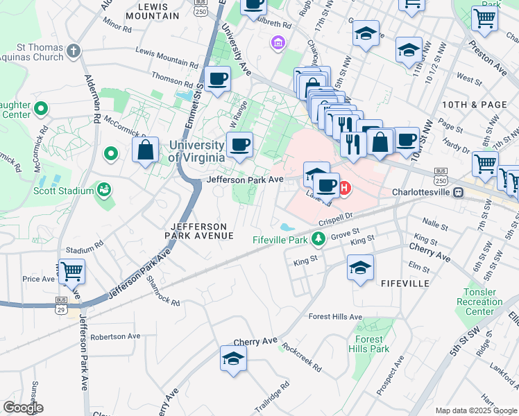 map of restaurants, bars, coffee shops, grocery stores, and more near 417 Brandon Avenue in Charlottesville