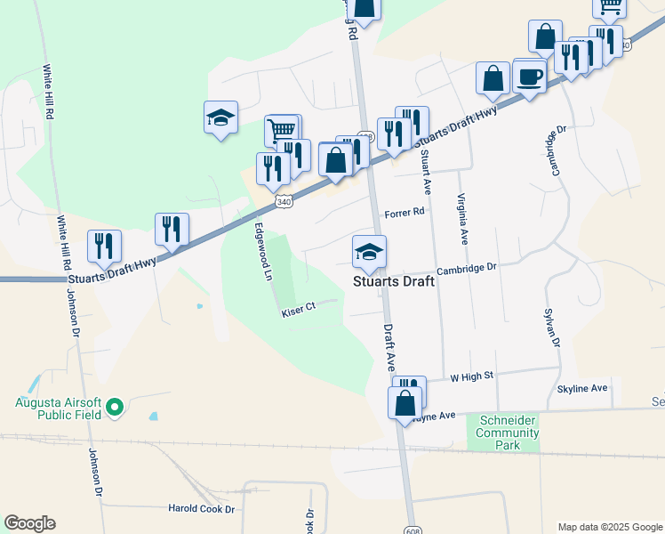 map of restaurants, bars, coffee shops, grocery stores, and more near 428 Knous Lane in Stuarts Draft
