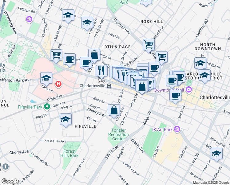 map of restaurants, bars, coffee shops, grocery stores, and more near 735 Walker Square in Charlottesville