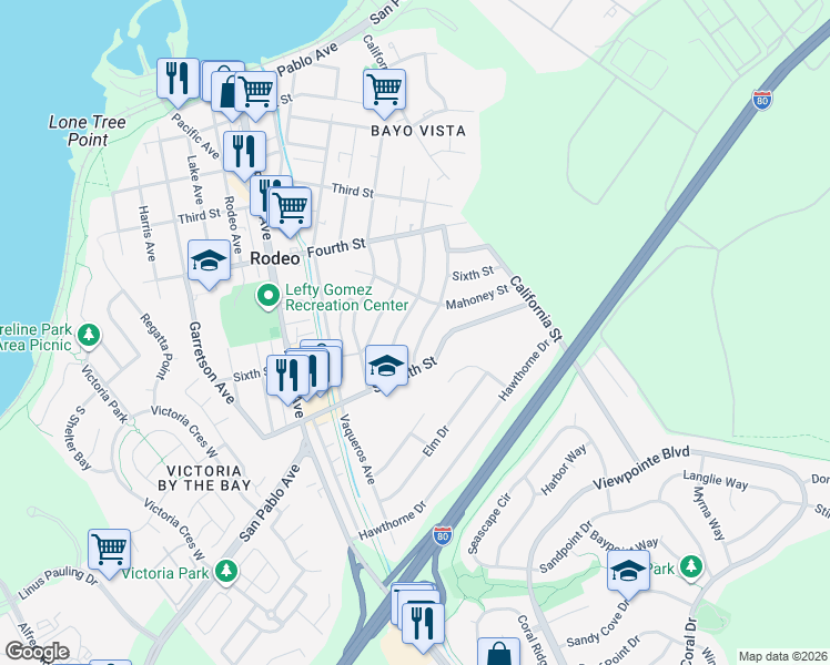 map of restaurants, bars, coffee shops, grocery stores, and more near 524 Vallejo Avenue in Rodeo
