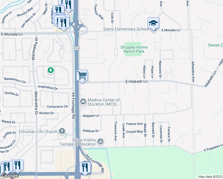 map of restaurants, bars, coffee shops, grocery stores, and more near 4732 East Hildreth Lane in Stockton