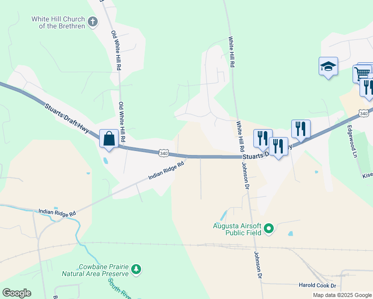 map of restaurants, bars, coffee shops, grocery stores, and more near 2224 Stuarts Draft Highway in Stuarts Draft