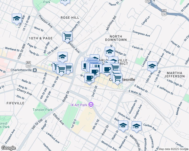 map of restaurants, bars, coffee shops, grocery stores, and more near 100 West Main Street in Charlottesville
