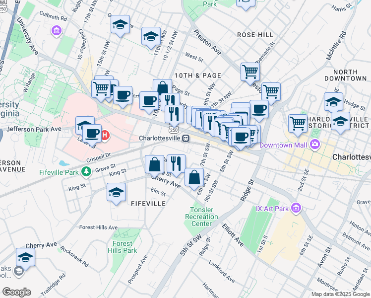 map of restaurants, bars, coffee shops, grocery stores, and more near 765 Walker Square in Charlottesville