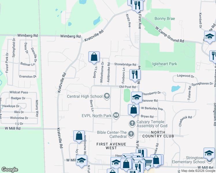 map of restaurants, bars, coffee shops, grocery stores, and more near 1200 Old Post Road in Evansville
