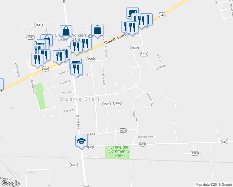 map of restaurants, bars, coffee shops, grocery stores, and more near 123 Cambridge Drive in Stuarts Draft