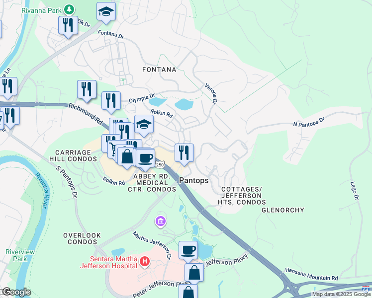 map of restaurants, bars, coffee shops, grocery stores, and more near 2127 Saranac Court in Charlottesville