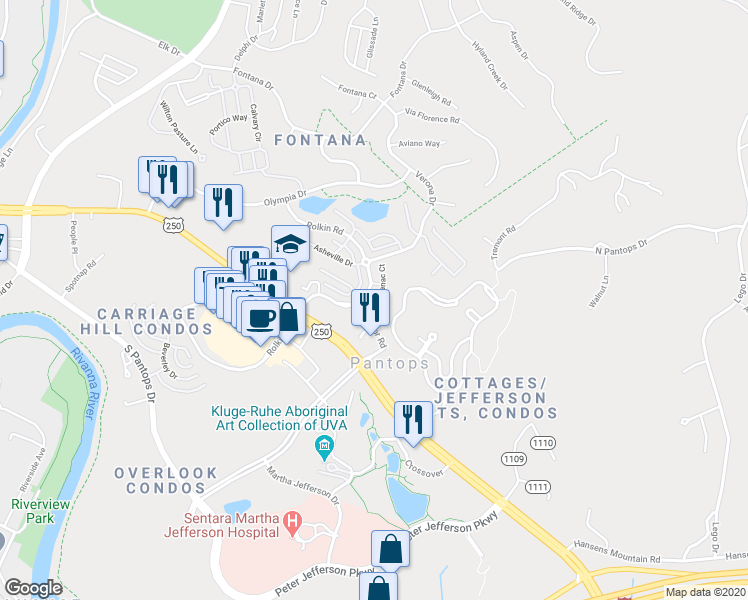map of restaurants, bars, coffee shops, grocery stores, and more near 2127 Saranac Court in Charlottesville