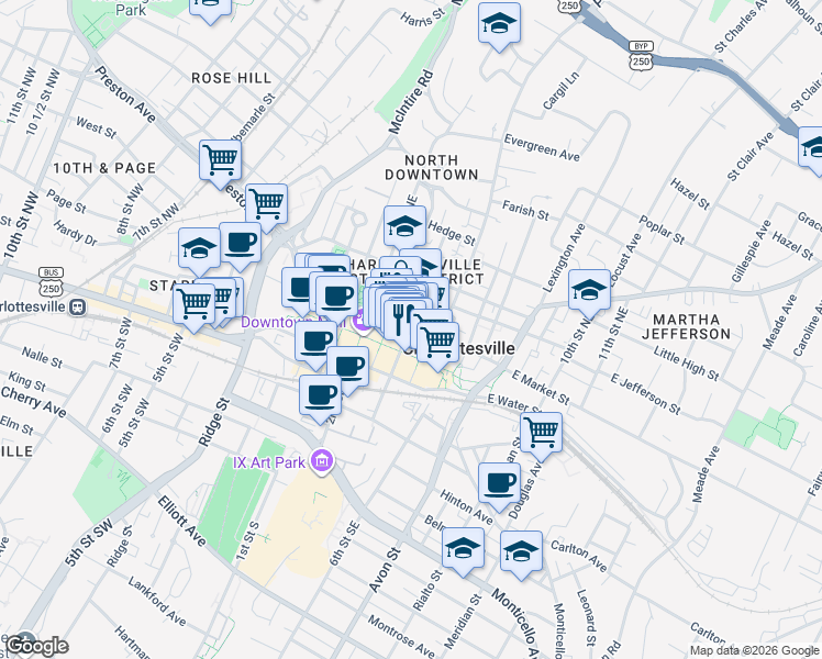 map of restaurants, bars, coffee shops, grocery stores, and more near 400 East Market Street in Charlottesville