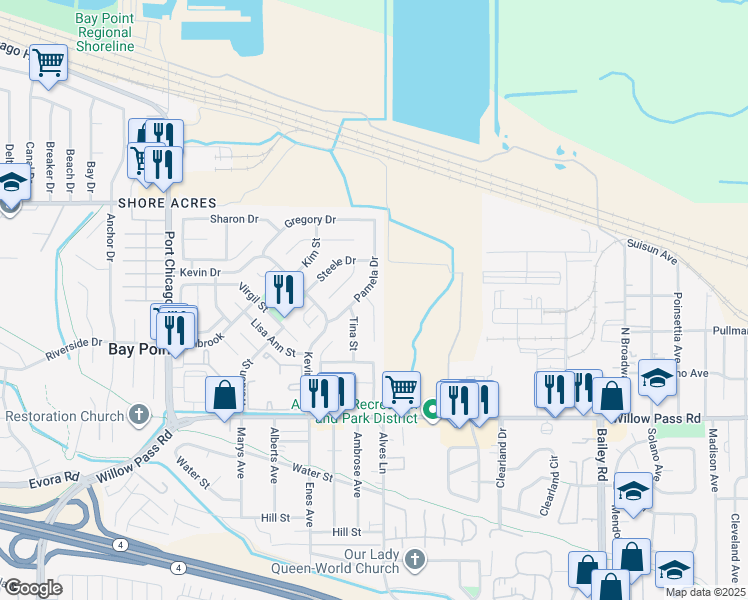 map of restaurants, bars, coffee shops, grocery stores, and more near 33 Pamela Court in Bay Point