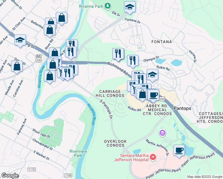 map of restaurants, bars, coffee shops, grocery stores, and more near 945 Dorchester Place in Charlottesville