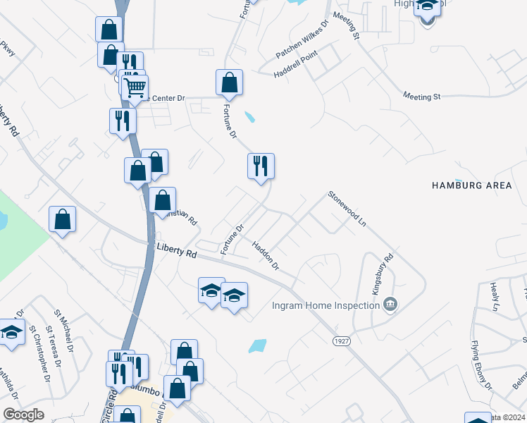map of restaurants, bars, coffee shops, grocery stores, and more near 2501 Knightsbridge Lane in Lexington