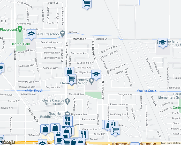 map of restaurants, bars, coffee shops, grocery stores, and more near 700 San Miguel Avenue in Stockton