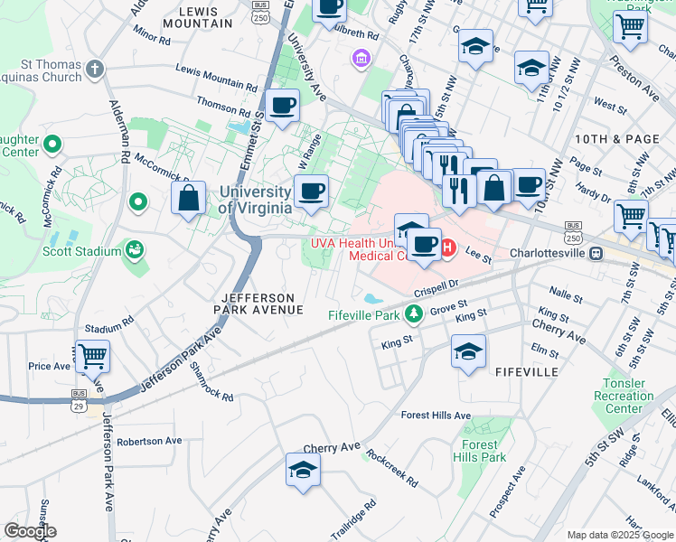 map of restaurants, bars, coffee shops, grocery stores, and more near Brandon Avenue in Charlottesville